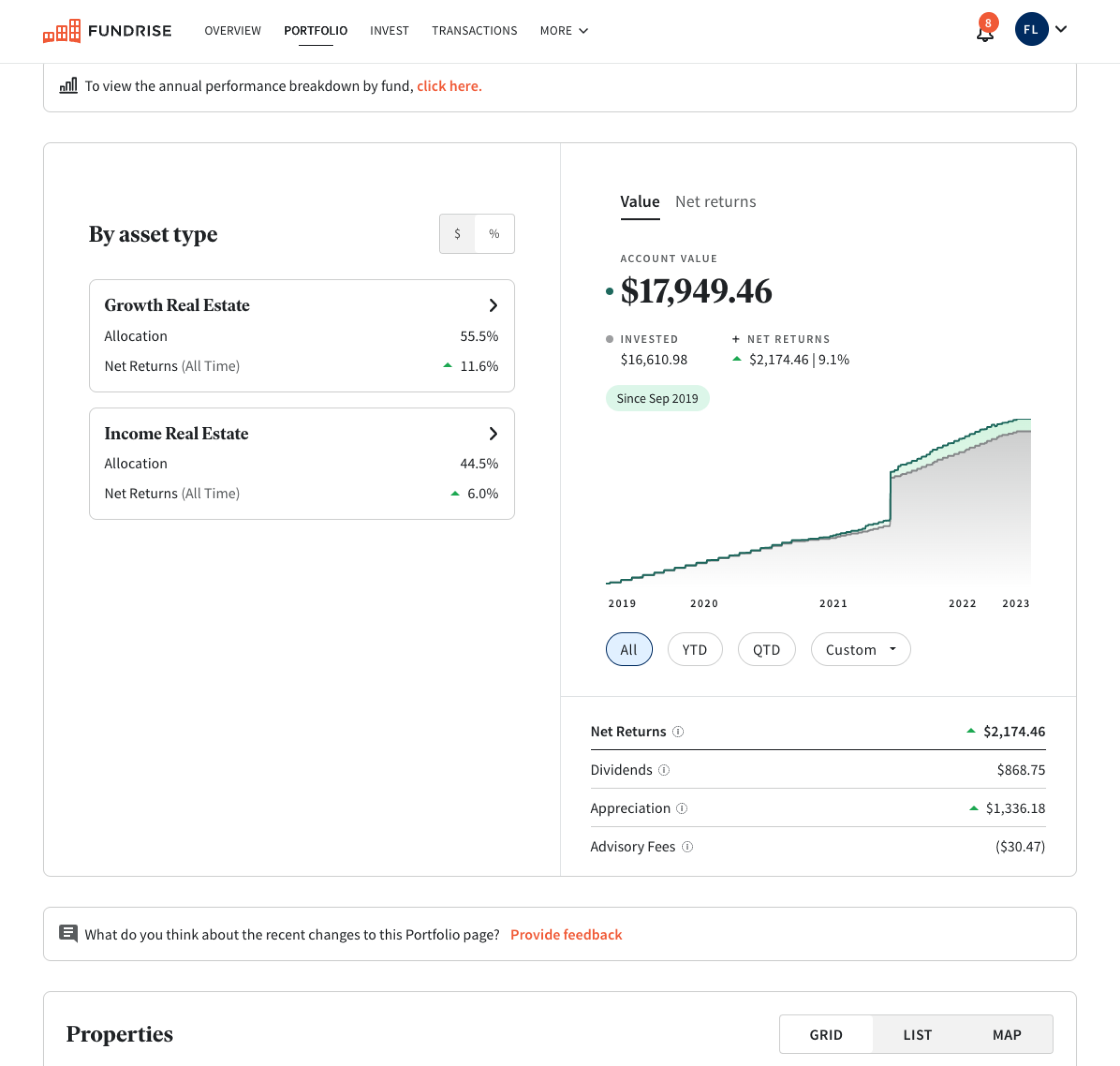 Fundrise existing portfolio view showing limited investment insights