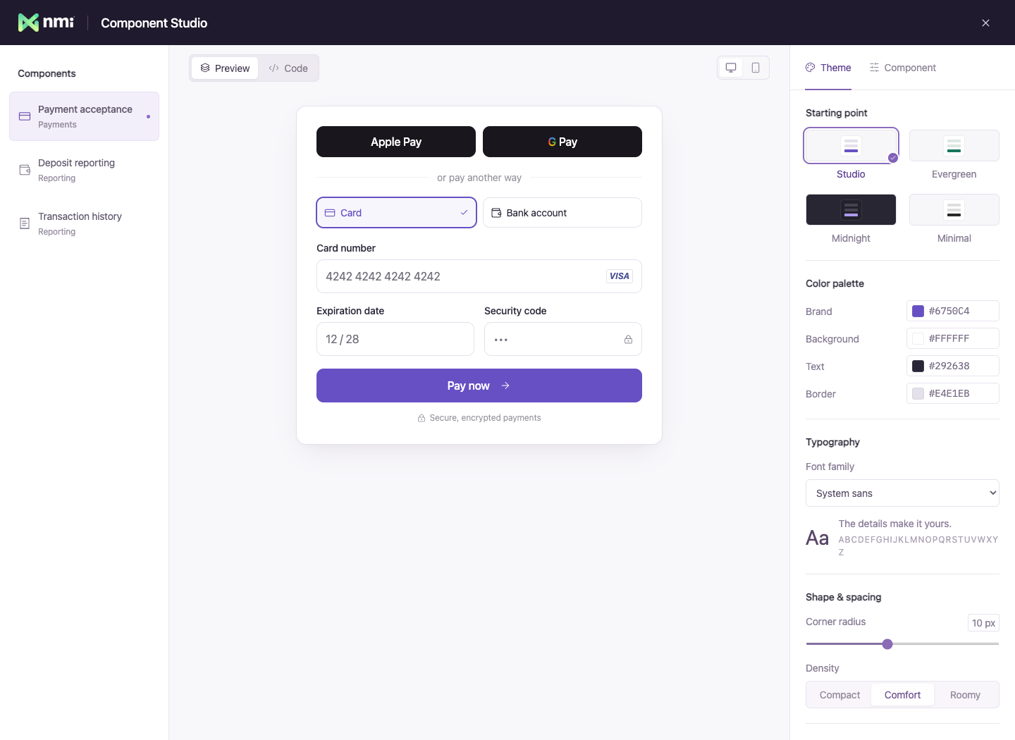 Component Studio redesign with a shared theme editor and live payment preview