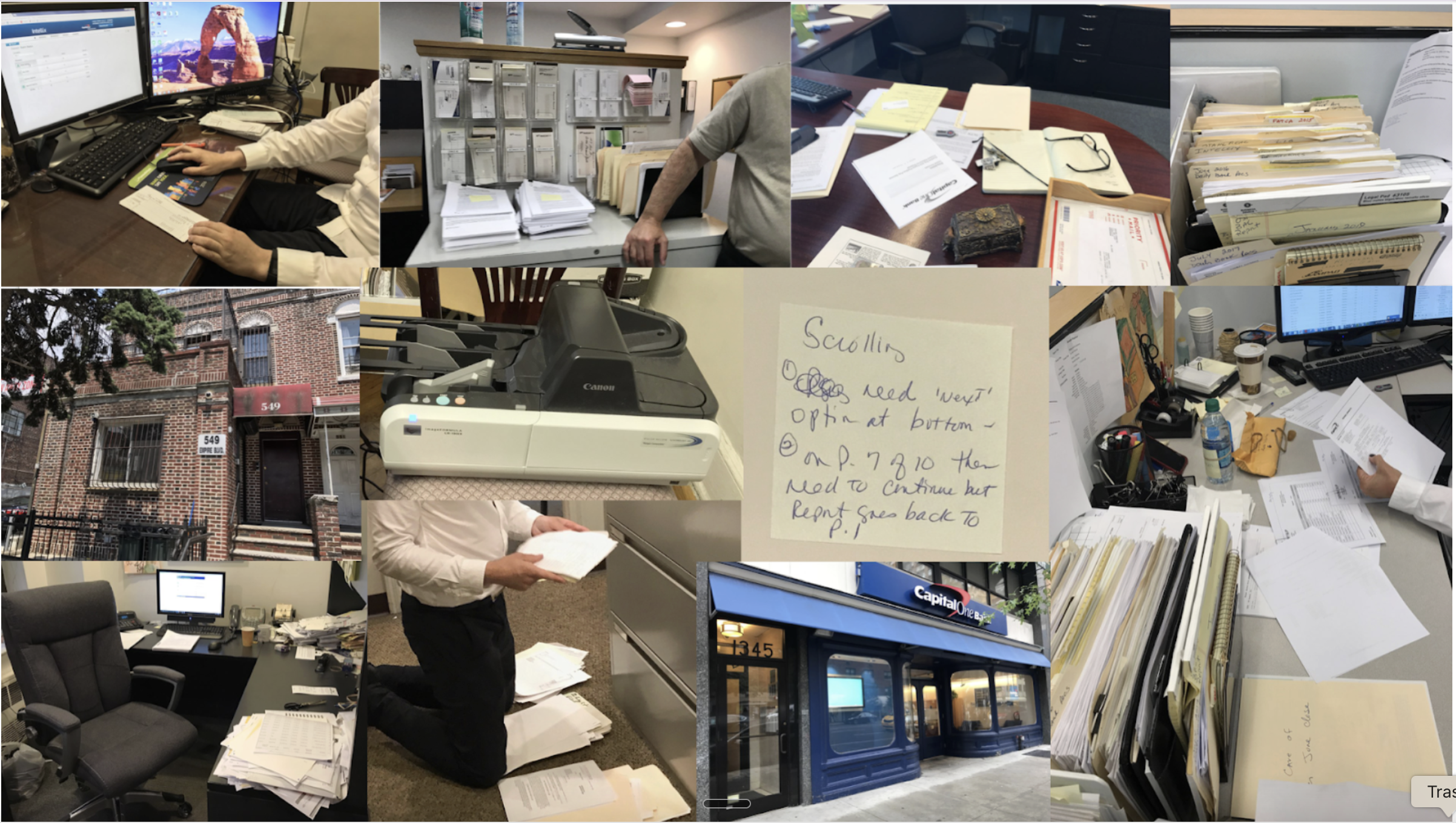 Snapshot of clients' offices and artifacts from field studies showing manual and paper-heavy processes