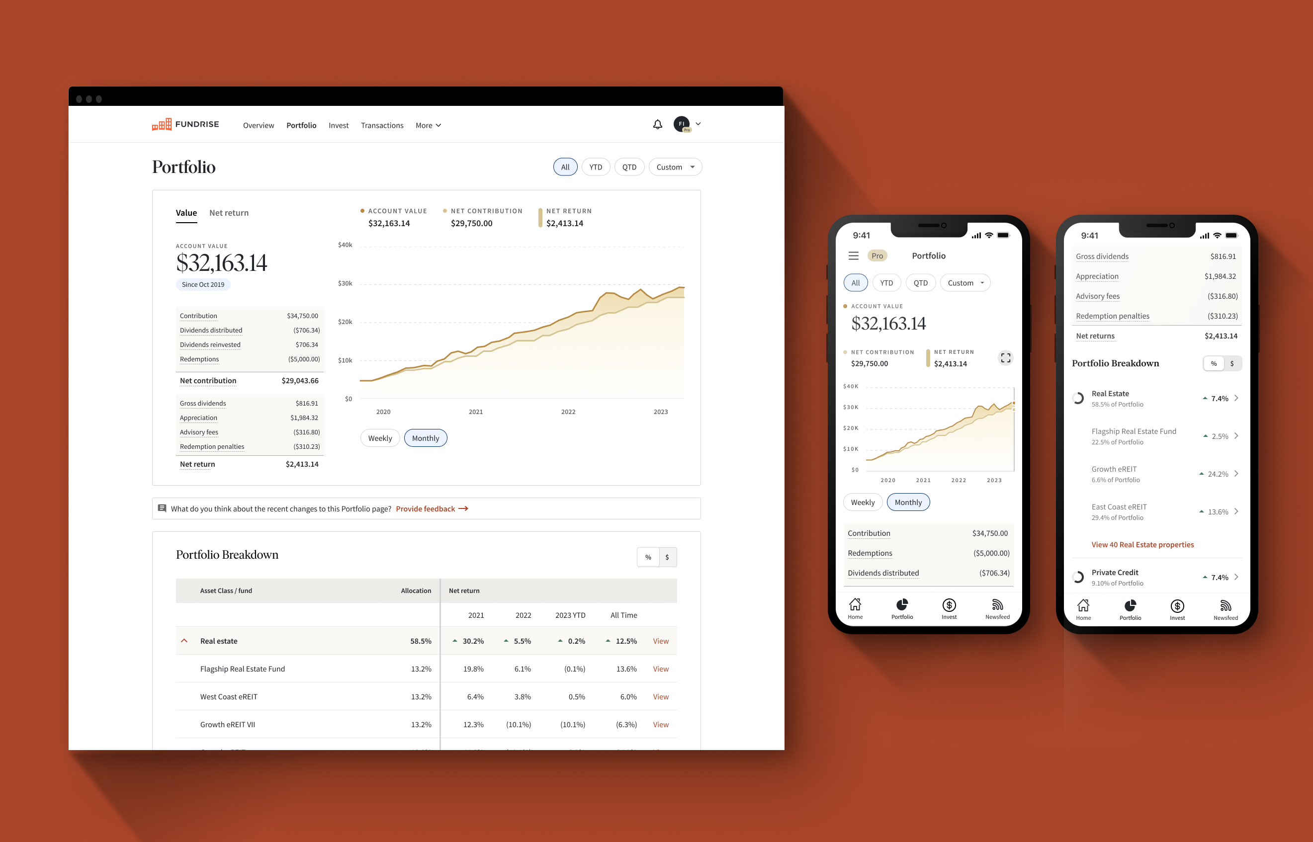 Fundrise Investor Performance mobile app showing portfolio value of $32,163.14 with performance chart