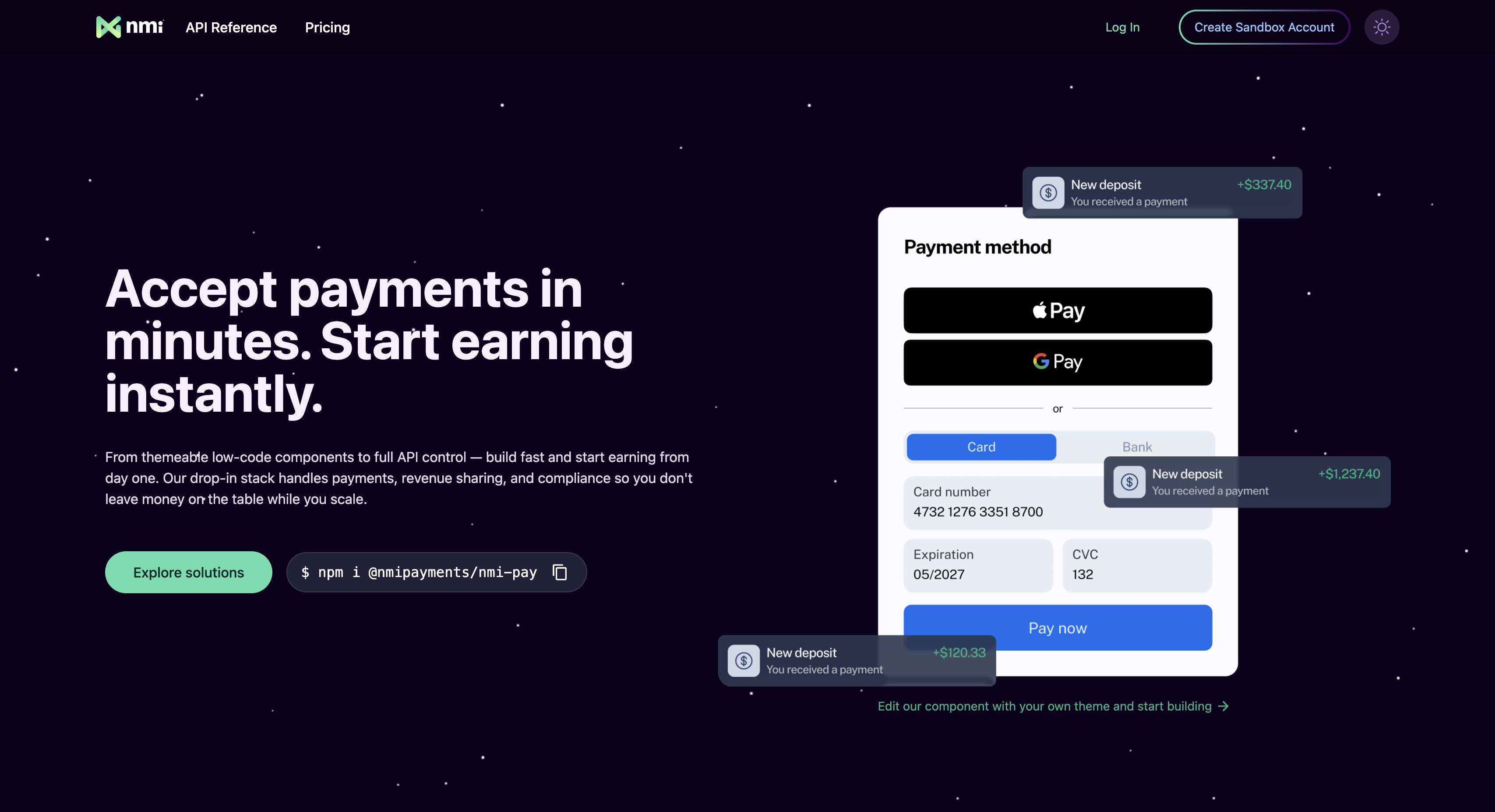 NMI developer guide landing page with API Reference, Pricing, sandbox account signup, and a payment checkout example
