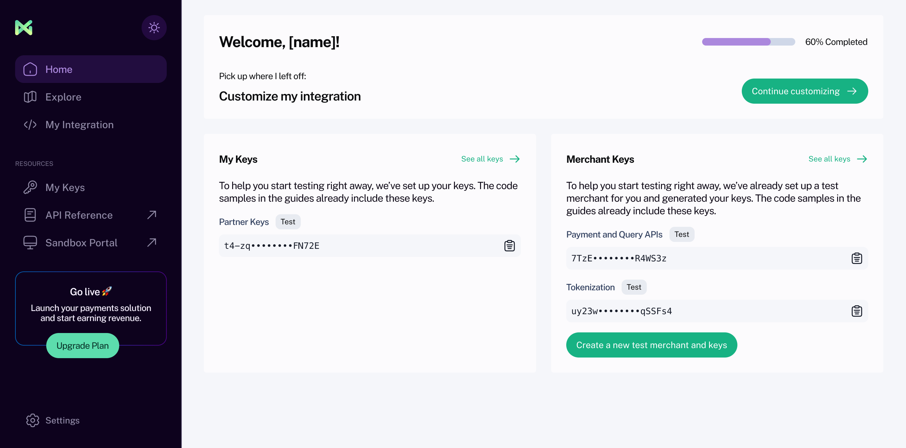 NMI partner dashboard with integration progress, partner and merchant keys, and developer resources