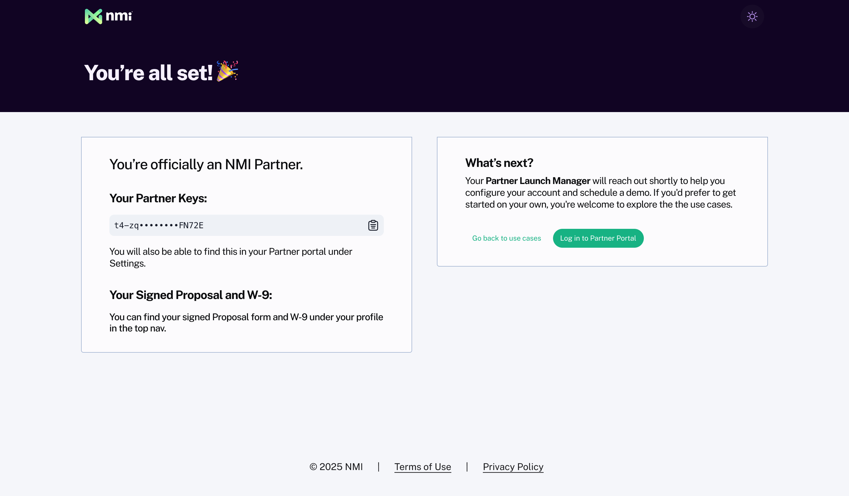 NMI partner onboarding completion page with partner keys and next steps