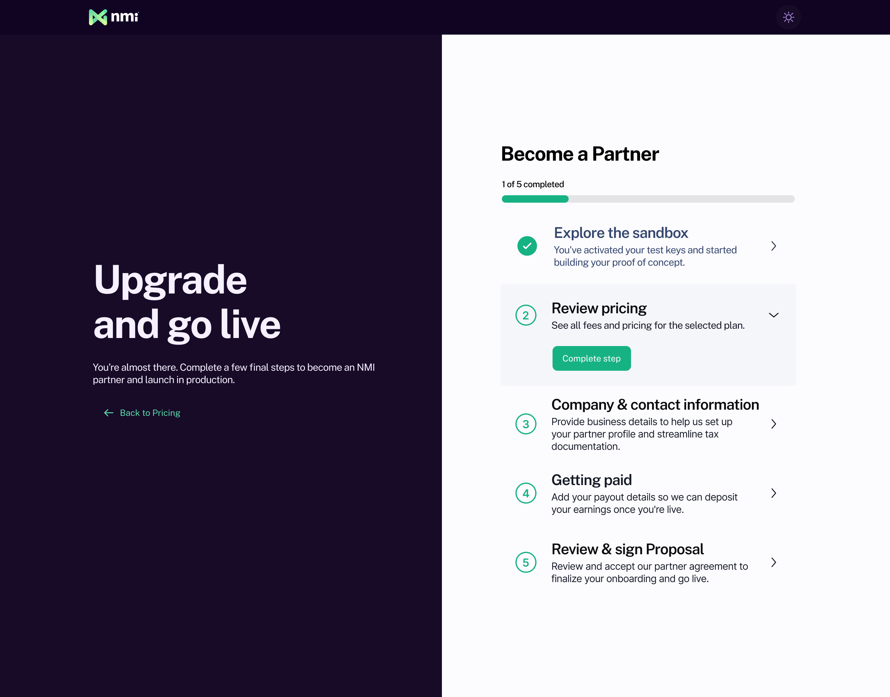 NMI partner onboarding with a checklist for reviewing pricing, entering company details, adding payout information, and signing the proposal