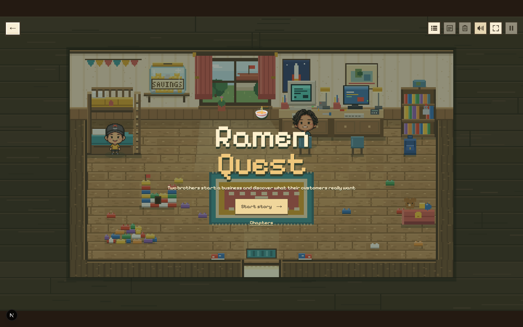 Ramen Quest title screen in a pixel-art bedroom, with Chunsung and Chunoong