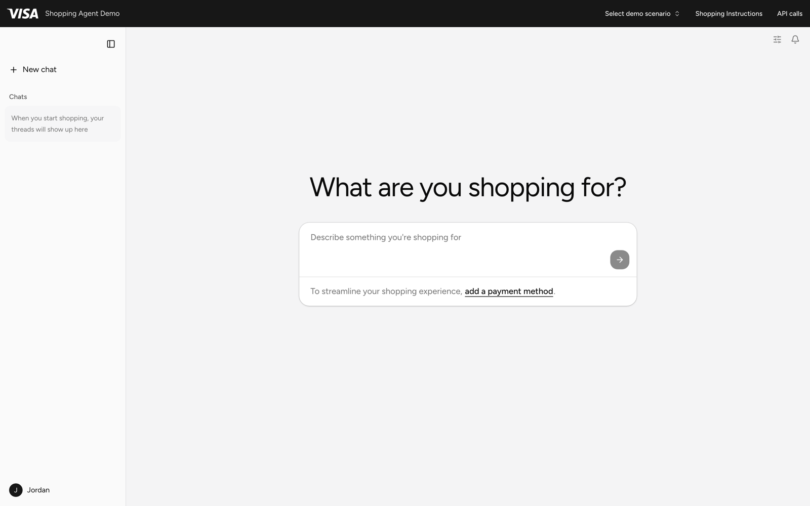 Visa reference shopping agent landing page asking what the shopper is shopping for, with a prompt box